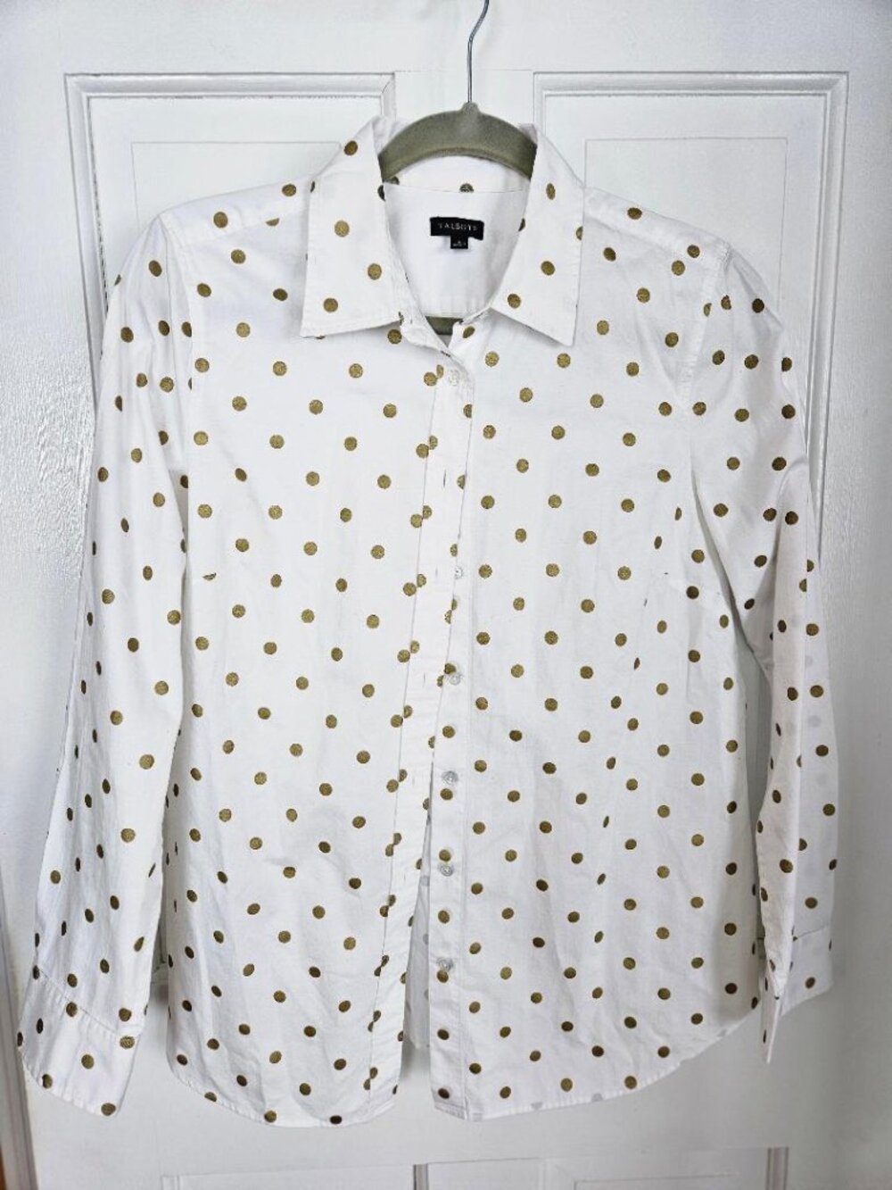 TALBOT's white long sleeves button up shirt with gold polka dots. S=Small